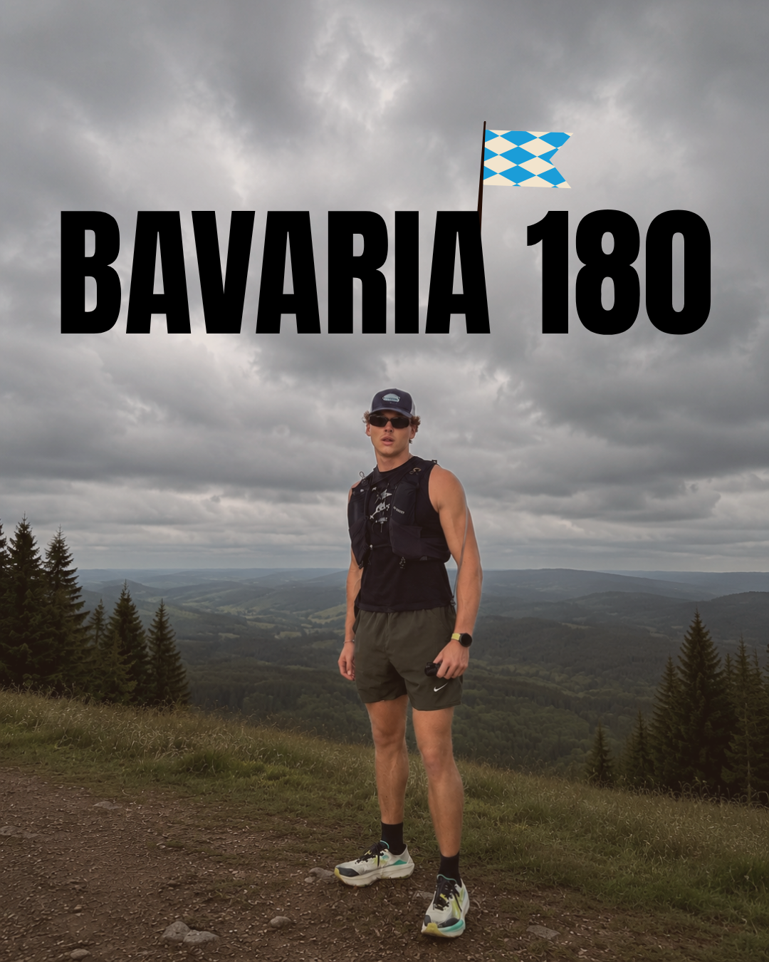 Kilian Cook standing on a mountain overlook under the Bavaria 180 title