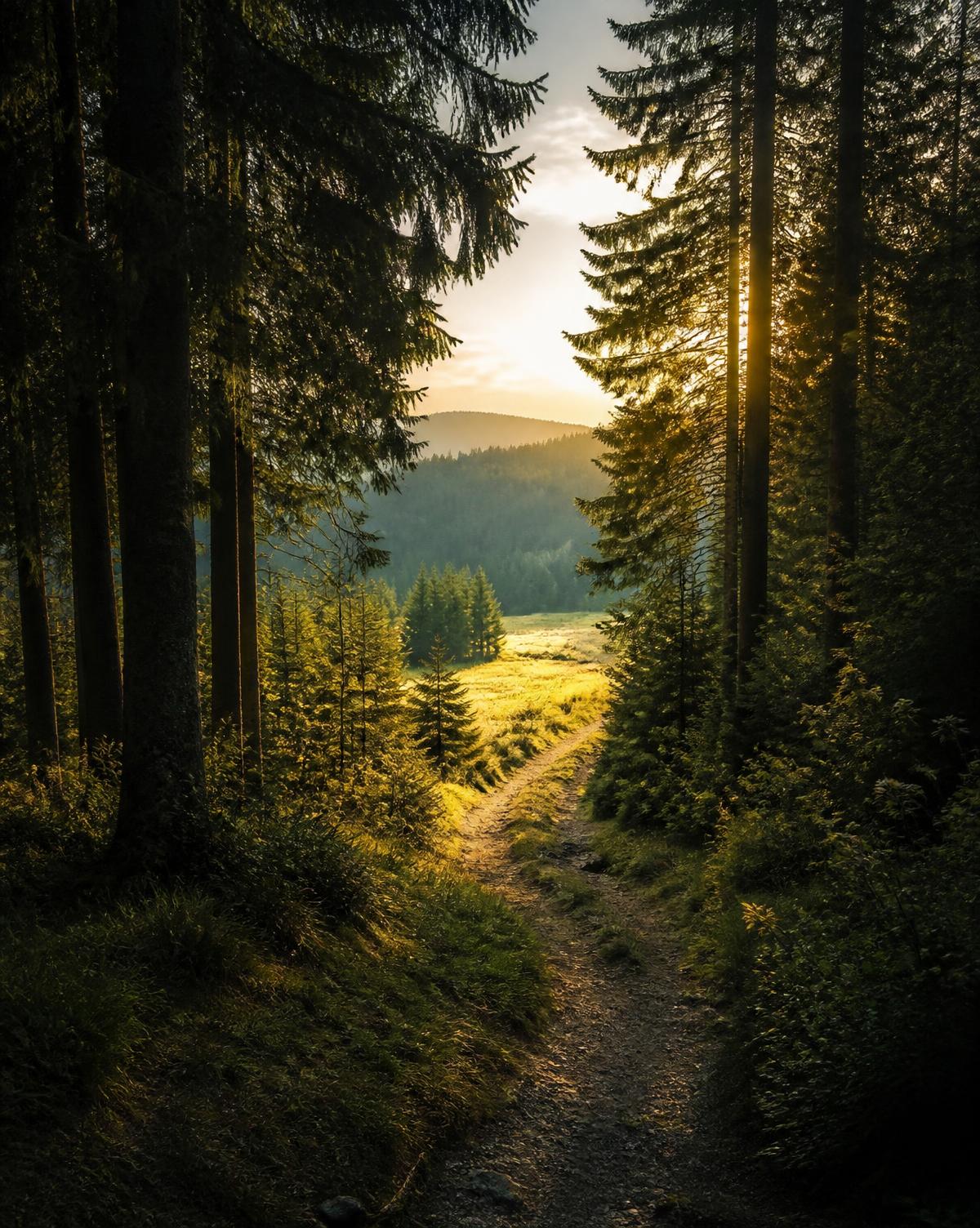 Forest trail opening onto a sunlit meadow in the Bavarian Forest