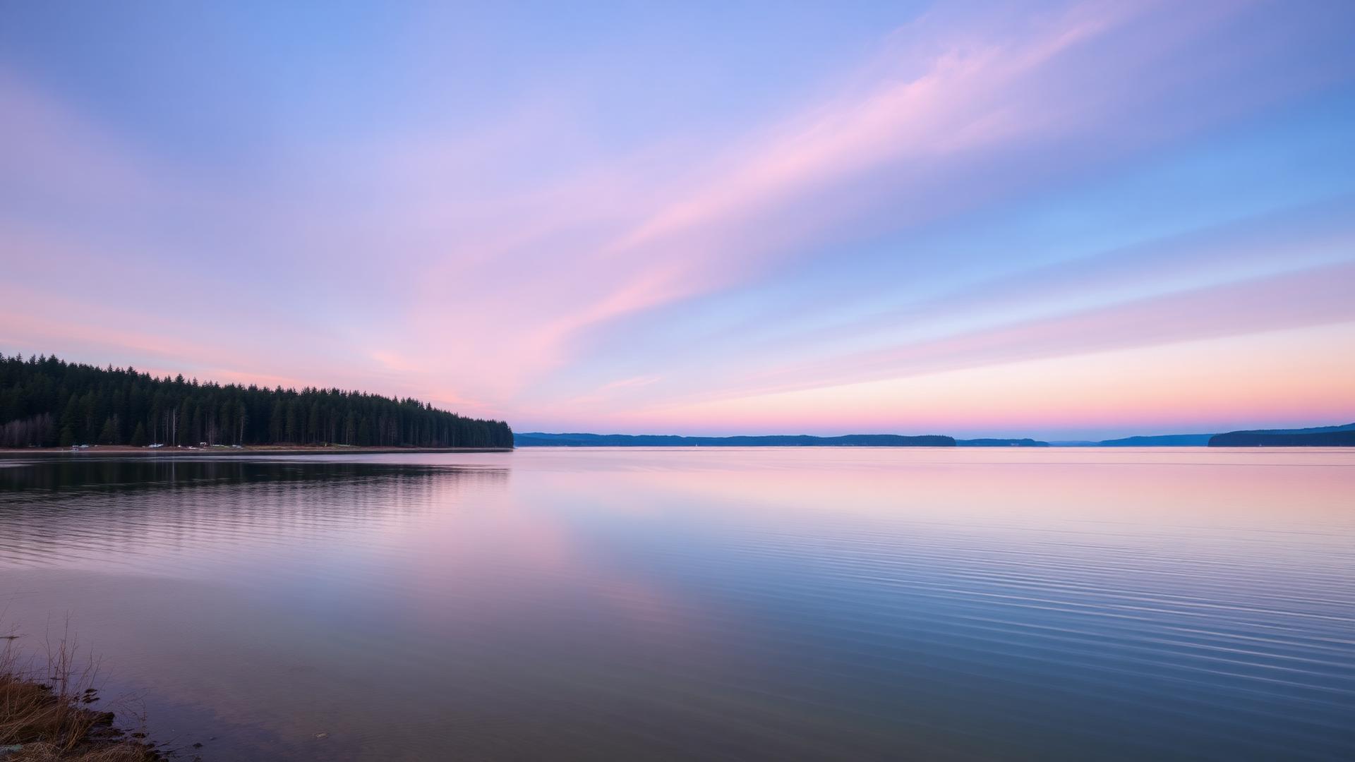 Großer Brombachsee at dawn under a soft pink and gold sky