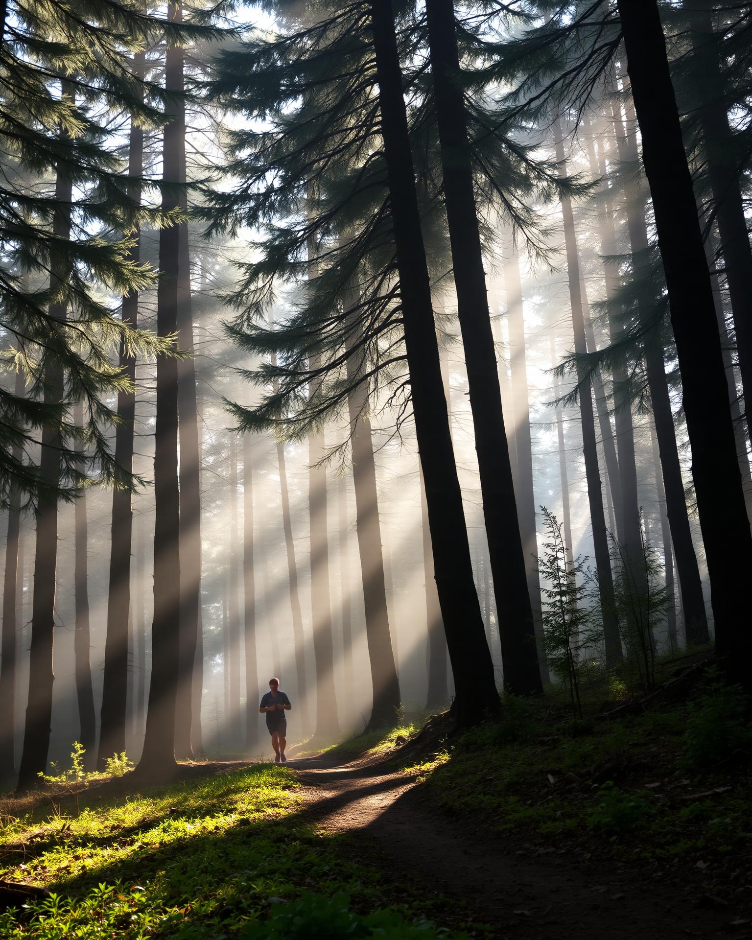 Runner on a forest path through the Mönchswald at golden hour