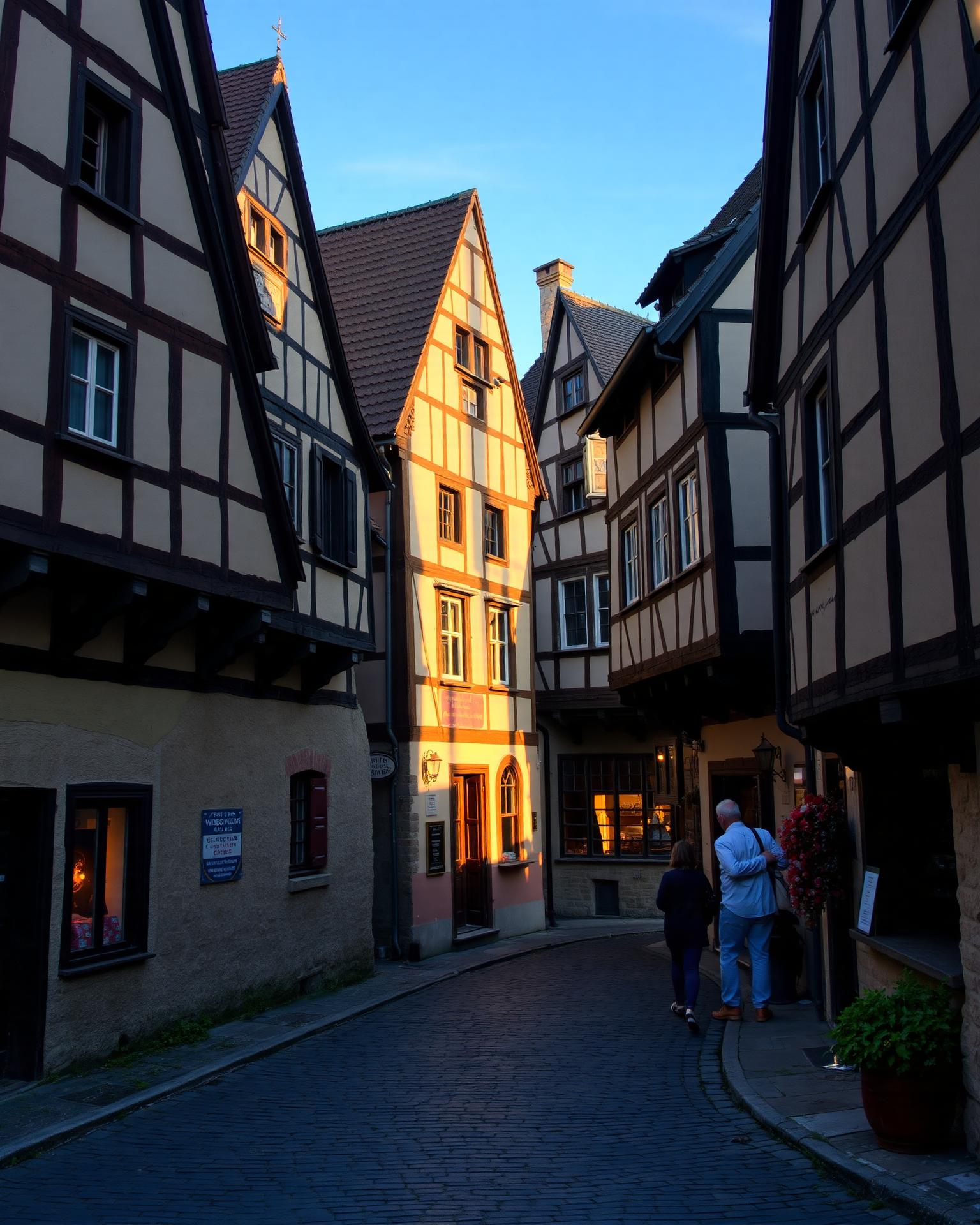 Half-timbered hop houses in the medieval town of Spalt at golden hour