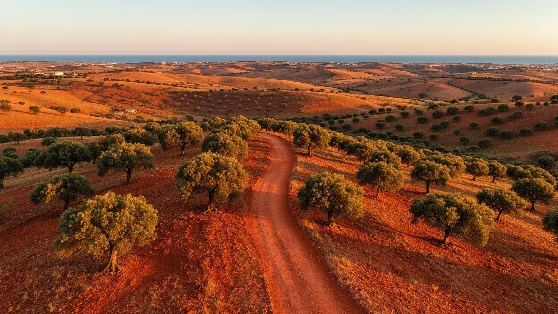 Aerial view of a winding dirt trail through the Alentejo countryside
